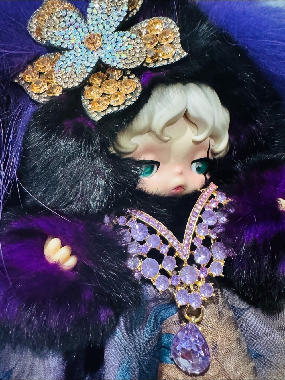 Plush Purple real Fur Skullpanda with Crystal Accessories - Picture 2 of 4